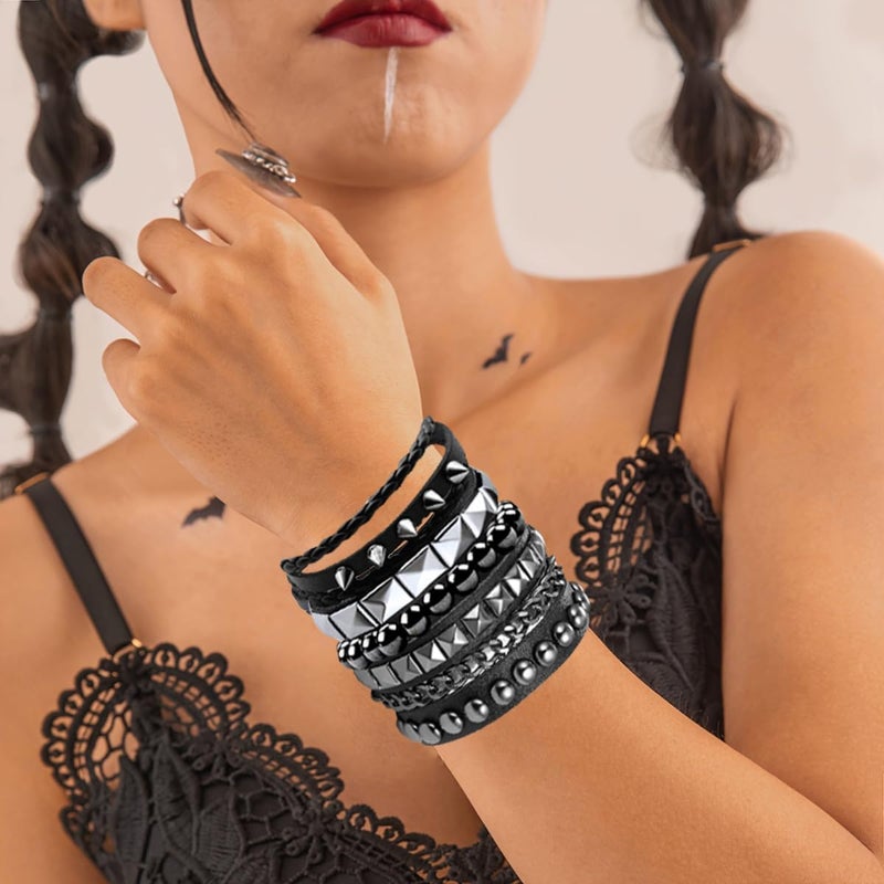 Ulekuke Store 4 Pcs Punk Rock Leather Studded Bracelets for Men Women 80s Gothic Spike Cuff Bracelet Set Emo Accessories for Rocker Outfits - Image 4